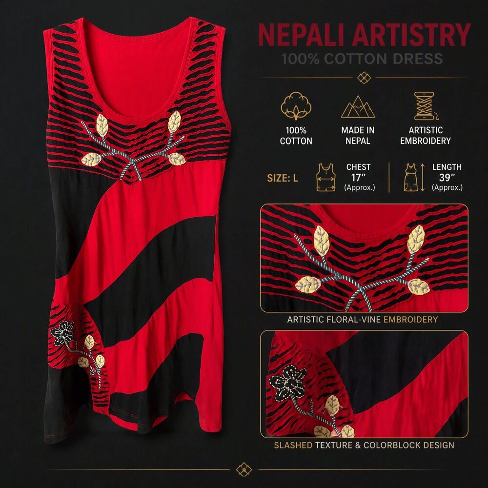 Boho embroidered cotton dress red & black made in Nepal size L